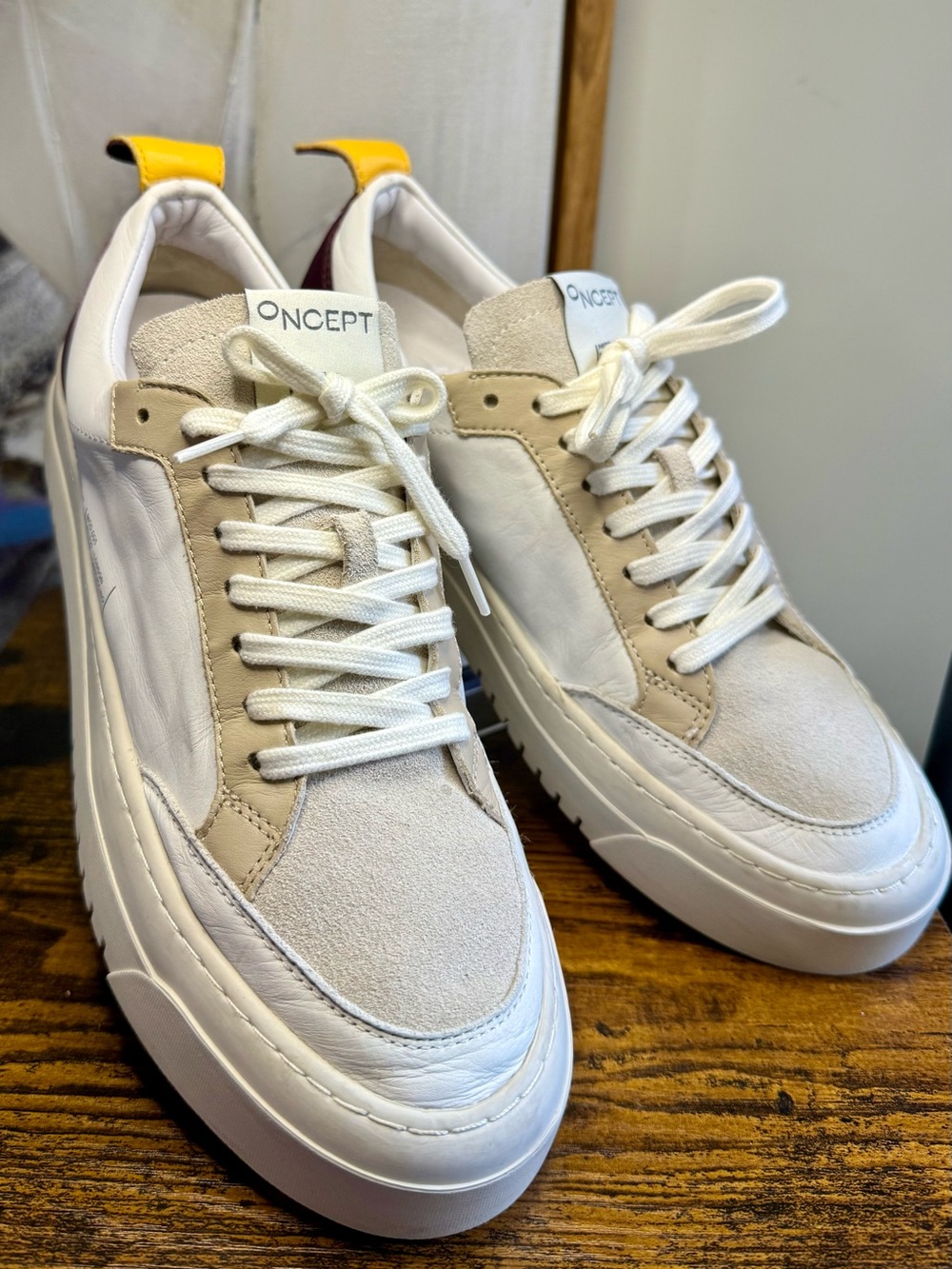 O NCEPT Women's White and Beige Leather Suede Sneakers with Yellow Heel Tab